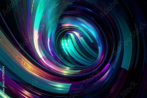 A vibrant tunnel of colorful lines with swirling shades of blue, purple, and turquoise. Generative AI
