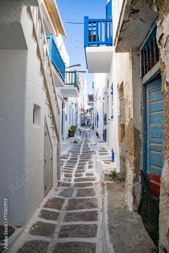 View of whitewashed cobbled street, Little Venice of Mykonos . Greek Island. © MISHELLA