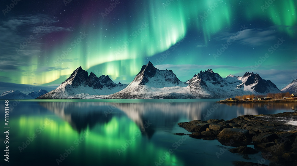 northern lights above mountains and ocean. beautiful nature scene