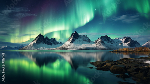 northern lights above mountains and ocean. beautiful nature scene © Aura