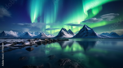beautiful nature scene with northern lights above mountains and ocean.