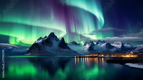 beautiful nature scene with northern lights above mountains and ocean.