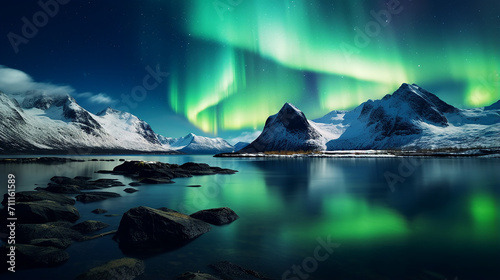 lights above mountains and ocean. beautiful nature scene © Aura