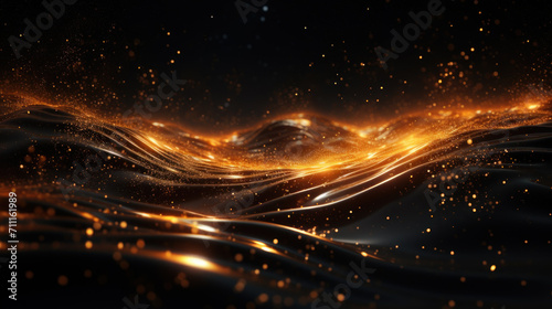Abstract technology futuristic 3d background with gold lines curved wavy sparkle. Elegant exclusive design for invitation, wallpaper, greeting, banners, brochures, advertising. Generative AI