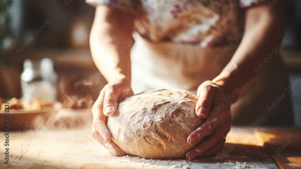 Closeup of a womans hands kneading homemade organic bread dough on a floured countertop.