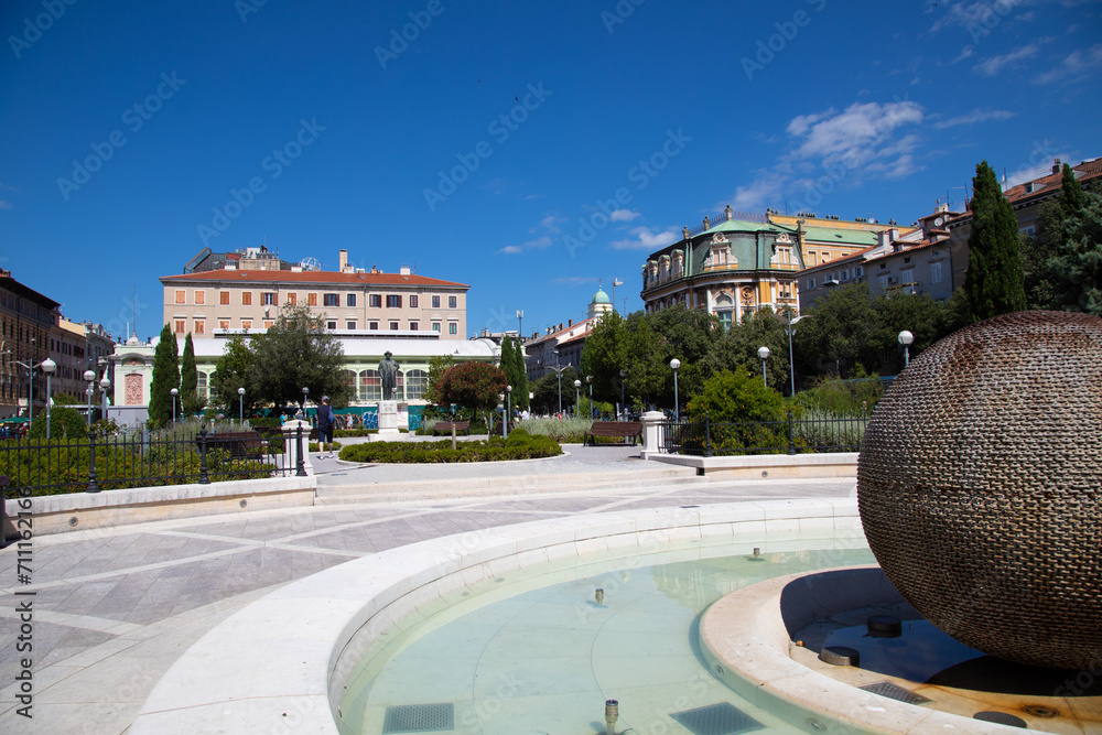 National theater in Rijeka square view, fountain and architecture, Kvarner bay, Croatia