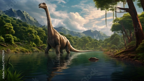 The good dinosaur, a dinosaur that lives in the jungle, is walking across the water. Generative AI. © Nikolay