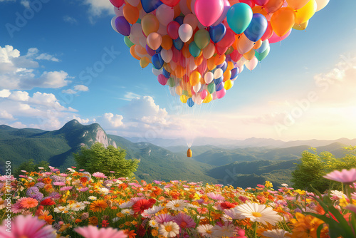 Generative AI Image of Colorful Hot Air Balloons Flying in the Sky with Nature Landscape