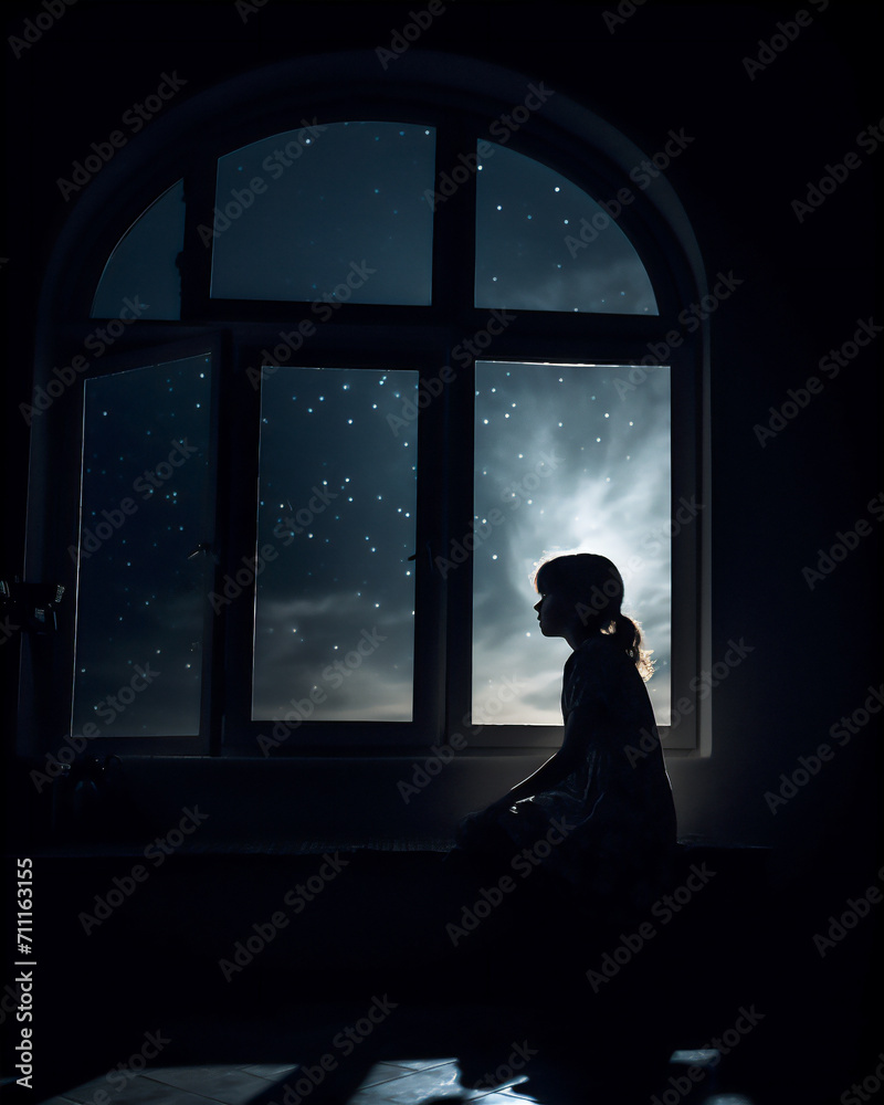 silhouette of a little girl in a window at night