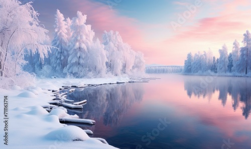 Winter landscape with snow covered trees and water. Generative AI. © Nikolay