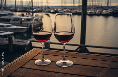 Two wine glasses on a wooden table with boats in the background. Generative AI.