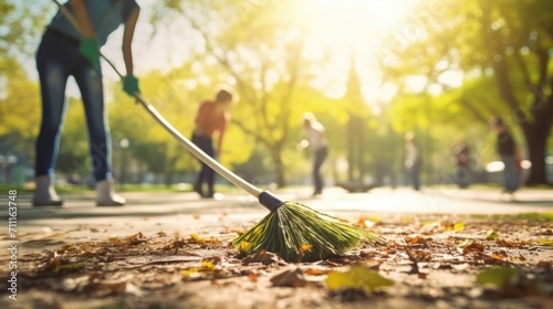Closeup of a group of volunteers sweeping and picking up litter in a park.