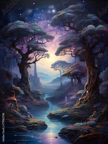 Fantasy landscape with trees, moon and water. Digital painting. Created using generative AI tools