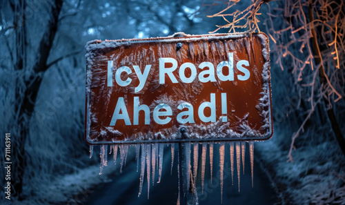 Fotografija an icy road sign covered in ice and snow, warning of slippery roads ahead