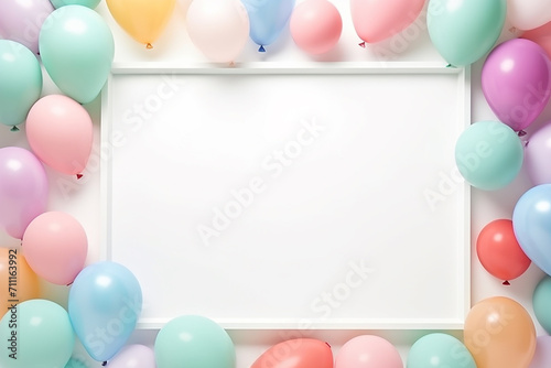 Generative AI Image of Empty Photo Frame with Colorful Pastel Balloons Decoration