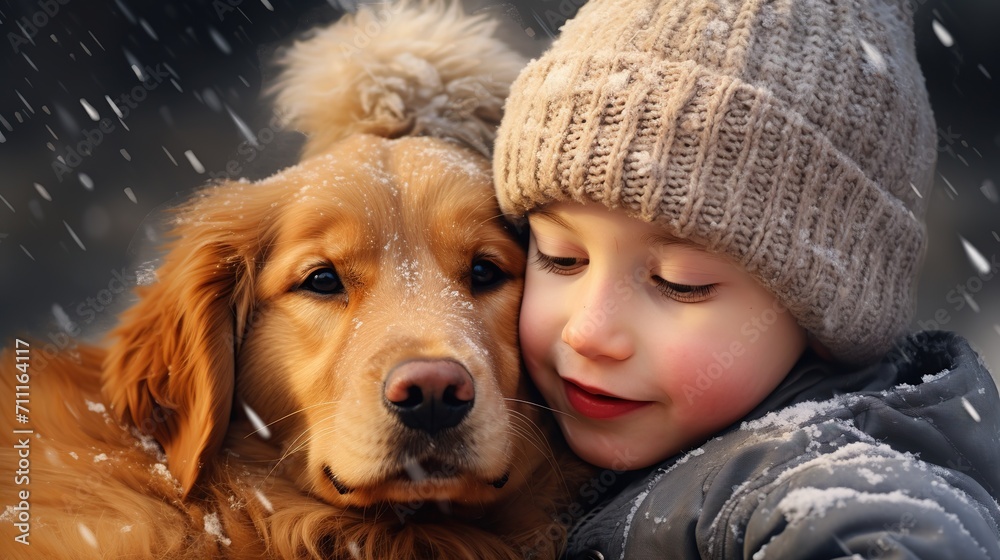 Small child hugs his pet golden retriever. Winter activity holidays. People love dog concept.