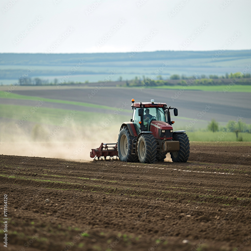 Fototapeta premium A tractor plowing a field, daytime