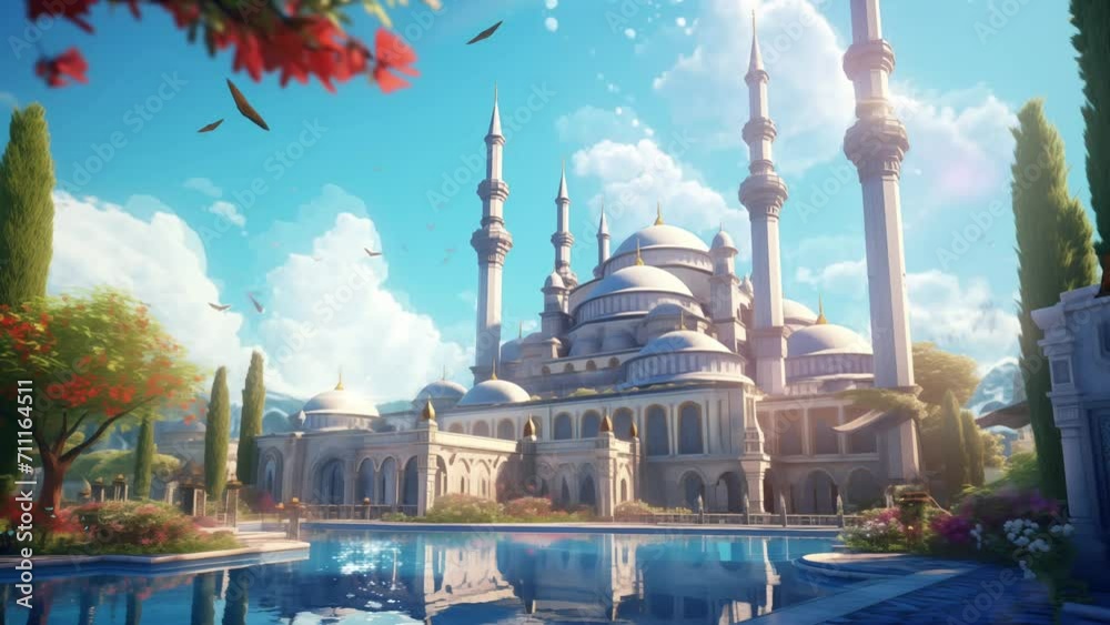 Animated illustration of a mosque in the middle of the forest with cool natural views. The mosque illustration is suitable as a background for celebrating Islamic events. Animated background.