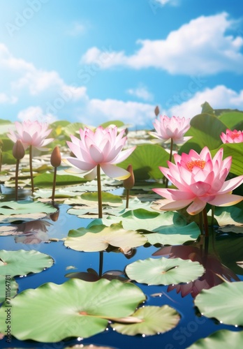 garden pond with flower and greenery