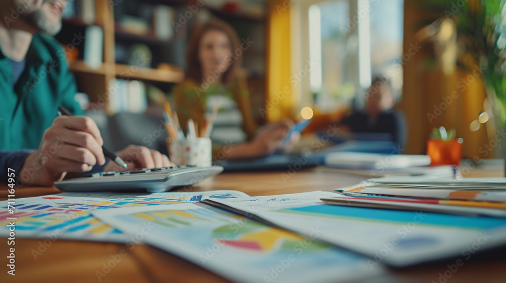 Fototapeta premium Colleagues in a business meeting discussing financial data, with focus on charts and a calculator in the foreground. 