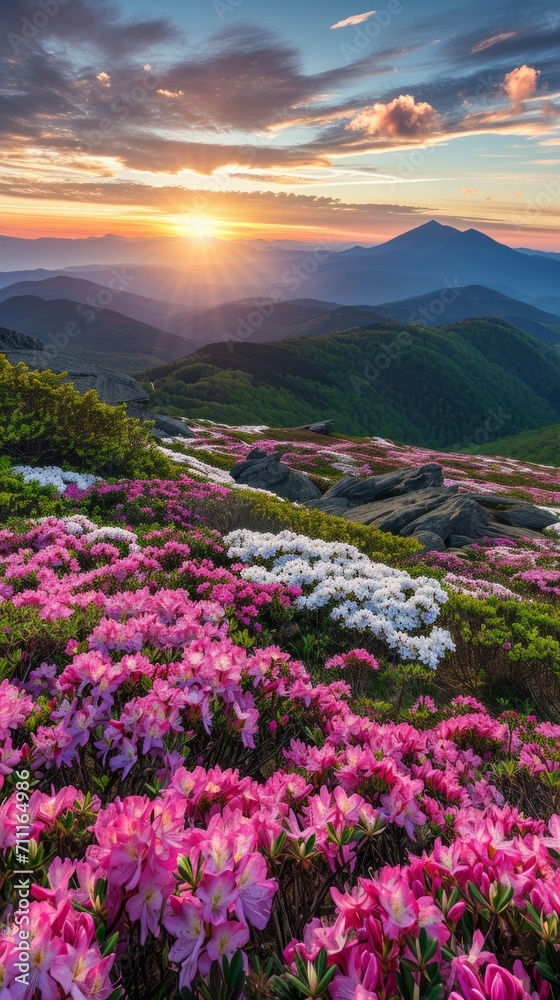 Sun Setting Over Mountains and Flowers Sun Setting Over Mountains and Flowers