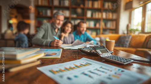 A family gathered around a table at home, engaged in budget planning with financial documents and a calculator in view.
 photo