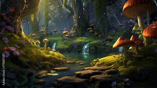 the fantasy forest morning by the riverside with fantastic realistic and futuristic illustration