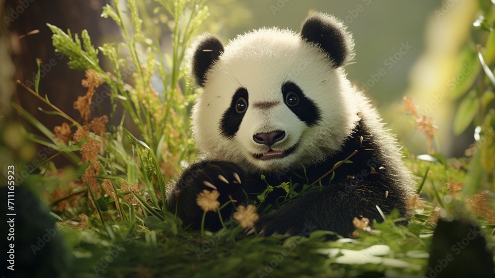 Giant Panda Bear in Bamboo Grove, Playfully Interacting with Surroundings - AI-Generative Giant Panda Bear in Bamboo Grove, Playfully Interacting with Surroundings - AI-Generative