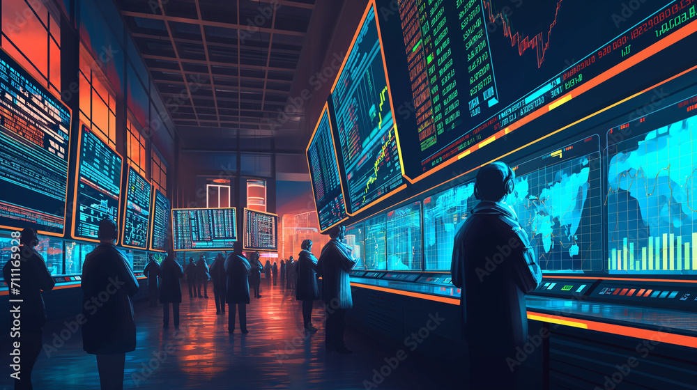 Traders observe global market data on expansive digital screens, illuminating a stock exchange floor with a futuristic and international focus.
 - obrazy, fototapety, plakaty 