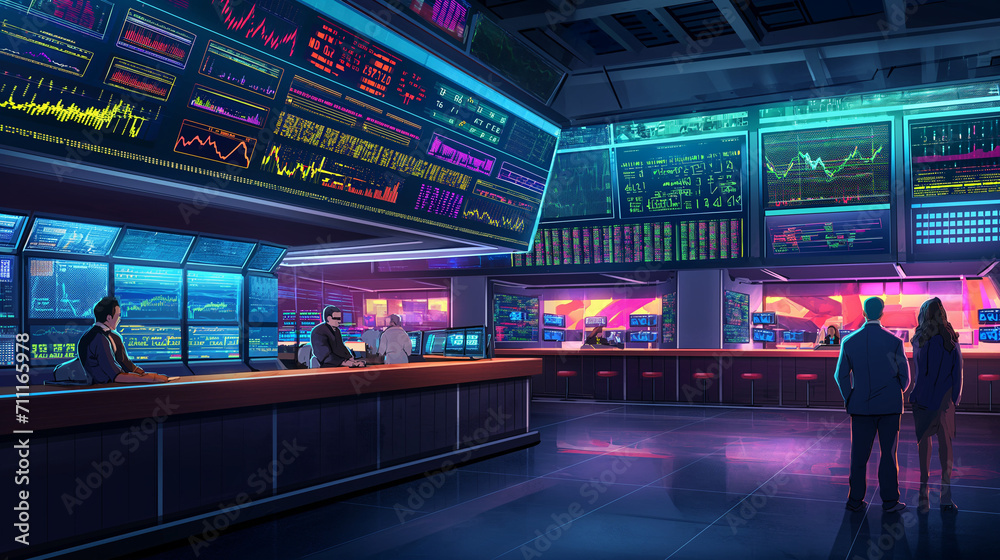 In a vibrant, futuristic stock exchange, traders and financial analysts are busy at work under neon lights, surrounded by live market data screens.
In a vibrant, futuristic stock exchange, traders and financial analysts are busy at work under neon lights, surrounded by live market data screens.