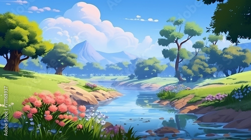 the river bank with flowers and trees video game design