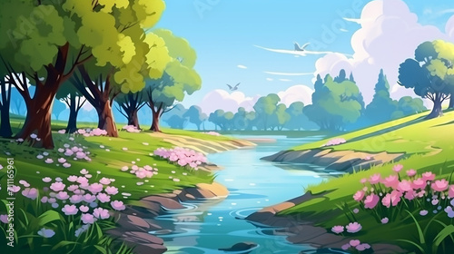 the river bank with flowers trees and blue clear sky video game design