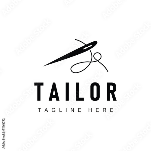 Tailor logo vector template needle and thread black silhouette design simple sewing tool product brand