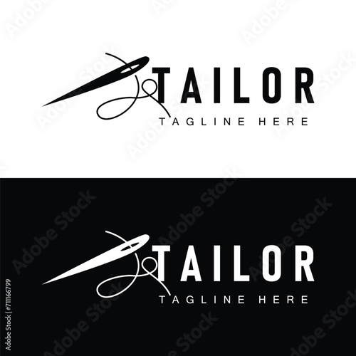 Tailor logo vector template needle and thread black silhouette design simple sewing tool product brand