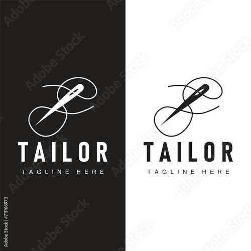 Tailor logo vector template needle and thread black silhouette design simple sewing tool product brand