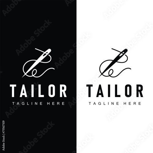 Tailor logo vector template needle and thread black silhouette design simple sewing tool product brand