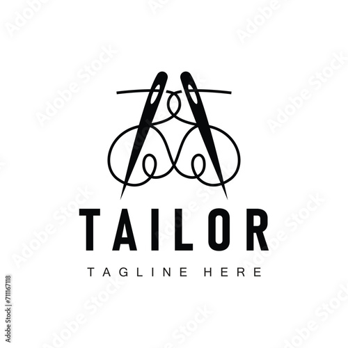 Tailor logo vector template needle and thread black silhouette design simple sewing tool product brand