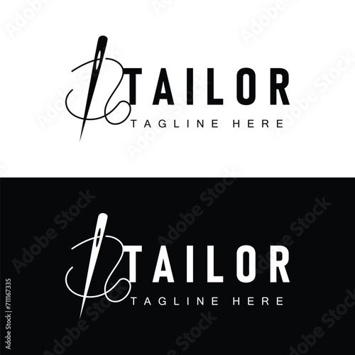 Tailor logo vector template needle and thread black silhouette design simple sewing tool product brand