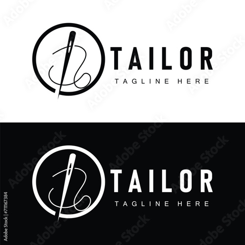 Tailor logo vector template needle and thread black silhouette design simple sewing tool product brand