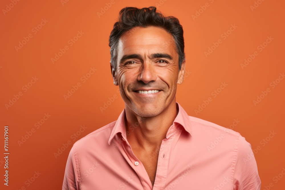 Portrait of handsome middle-aged man looking at camera and smiling, on orange background Portrait of handsome middle-aged man looking at camera and smiling, on orange background