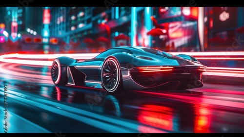 A sleek, silver futuristic car glides through a neon-lit cityscape. Generative AI.