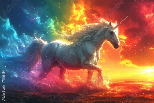 Full shot, unicorn on rainbow sky background. Generative AI.