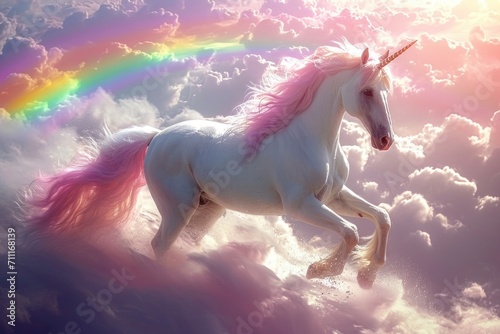 Full shot, unicorn on rainbow sky background. Generative AI. © Dusit