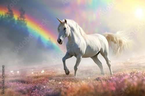 Full shot  unicorn on rainbow sky background. Generative AI.