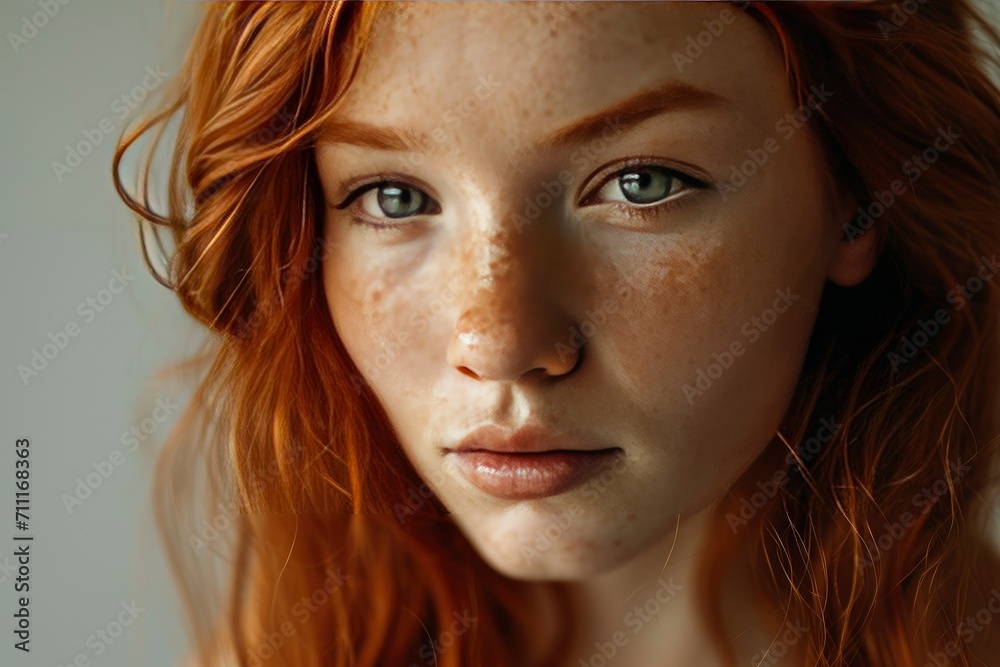 Close up face of young red ginger freckled woman with ginger hair and perfect healthy freckled skin, looking at camera Close up face of young red ginger freckled woman with ginger hair and perfect healthy freckled skin, looking at camera