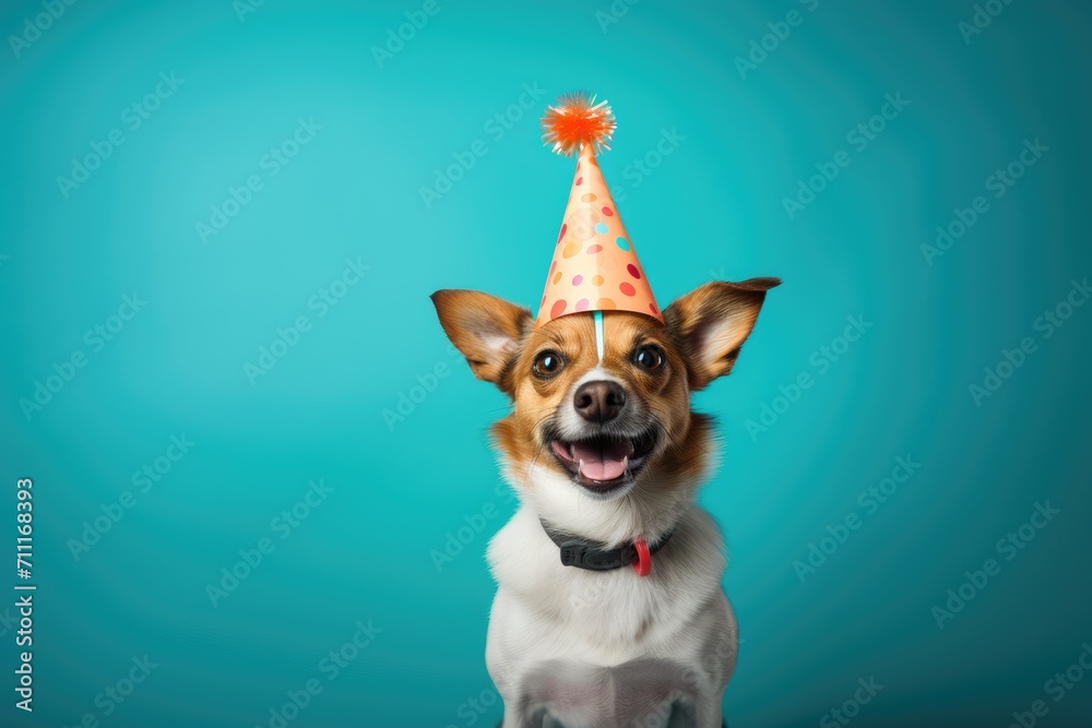 Happy cute dog wearing in party hat celebrating at birthday party isolated on blue background. Greeting card, banner, postcard, poster, print, design with copy space