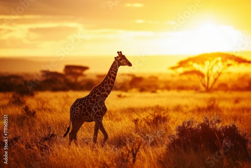 Giraffe in the African savanna against the background of the orange sunset.