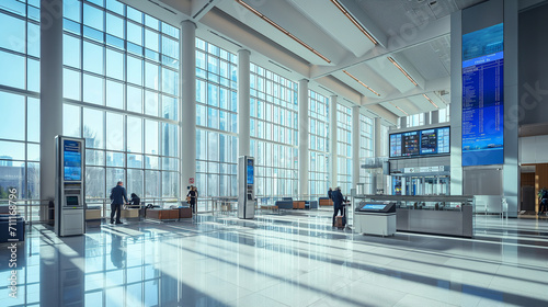 Spacious Modern Airport Terminal Interior,Travelers navigate through a spacious and modern airport terminal with large windows and a bright, airy atmosphere. 