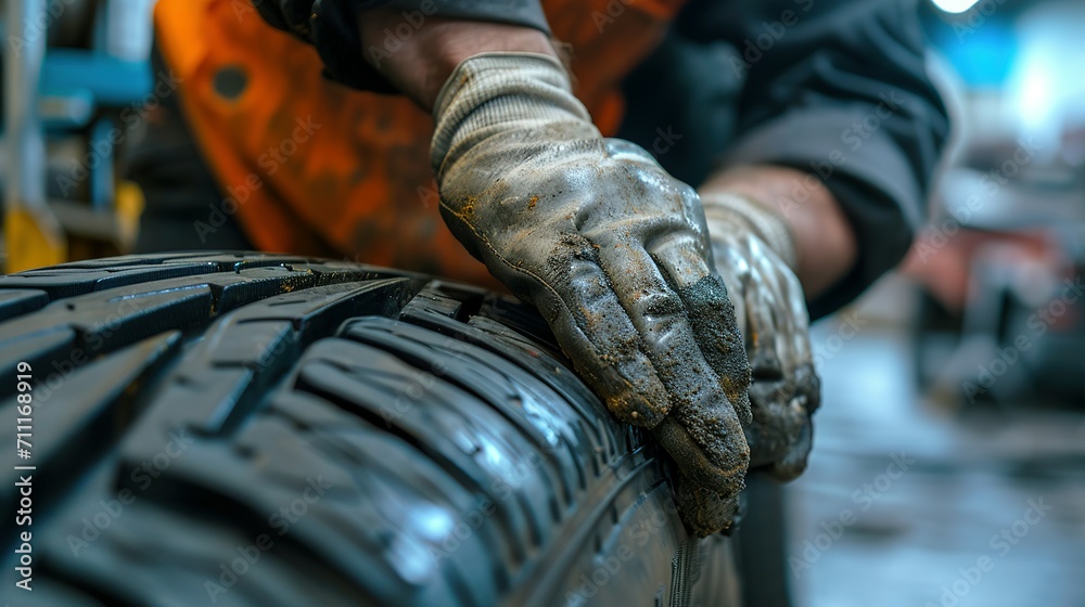 Hands of an auto mechanic worker with car tire using vulcanizing tool