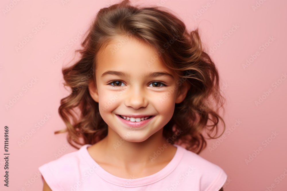 Portrait of a cute little girl with curly hair over pink background. Portrait of a cute little girl with curly hair over pink background.